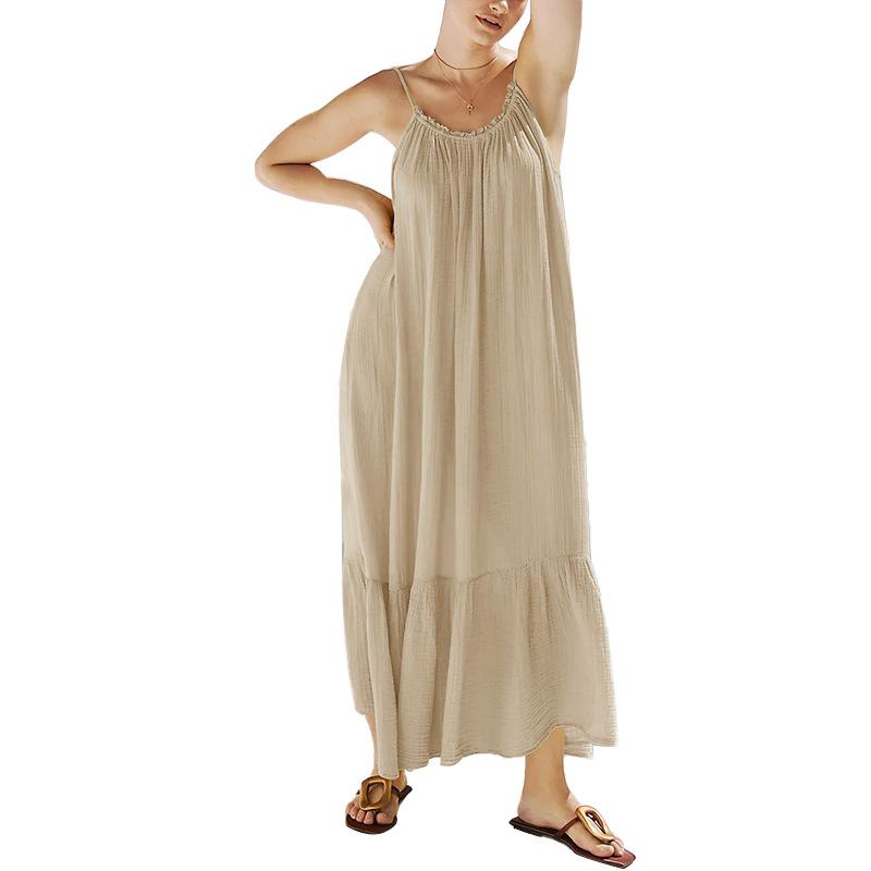 Summer Retro French Tea Break Cotton Camisole Dress - Textured, Skin-Friendly & Versatile Mid-Length with Frill