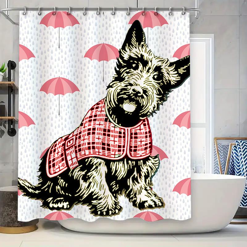 Vibrant Umbrella Print Dog Shower Curtain Perfect for Bathroom Decorations Red Plaid Shirt Cute Scottish Terrier Home Decoration