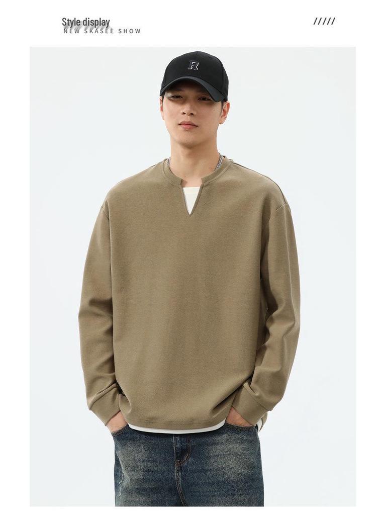 Men's Black Waffle Texture Faux Two-Piece Henley Long Sleeve T-Shirt - Korean College Style for Autumn