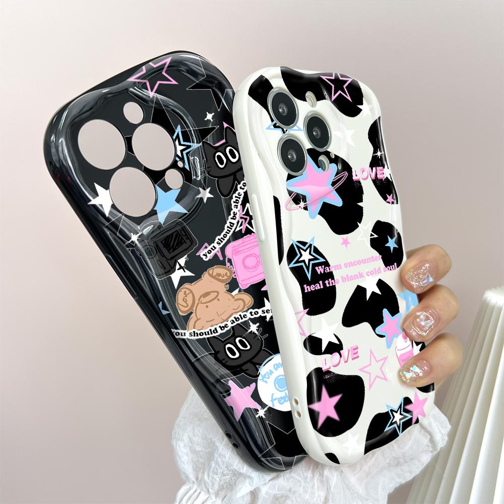 Søt tegneseriemønster kremteksturomslag Bølget kant mykt silikondeksel Telefondeksel til Huawei Honor Infinix Tecno iPhone