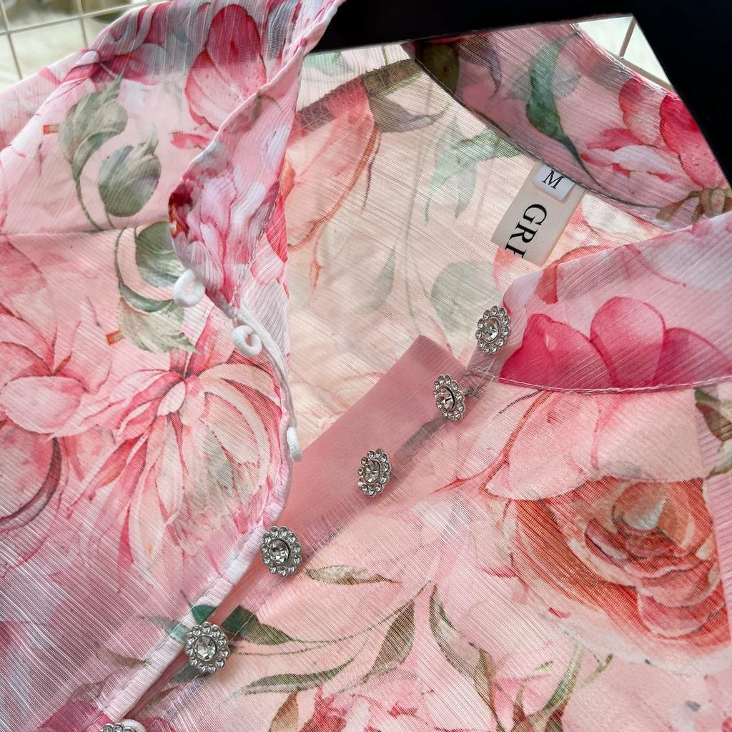 Summer Holiday Organza Gorgeous Flower 2 Piece Set Women Long Lantern Sleeve Shirt Blouse and Elastic Waist A Line Skirt Suit