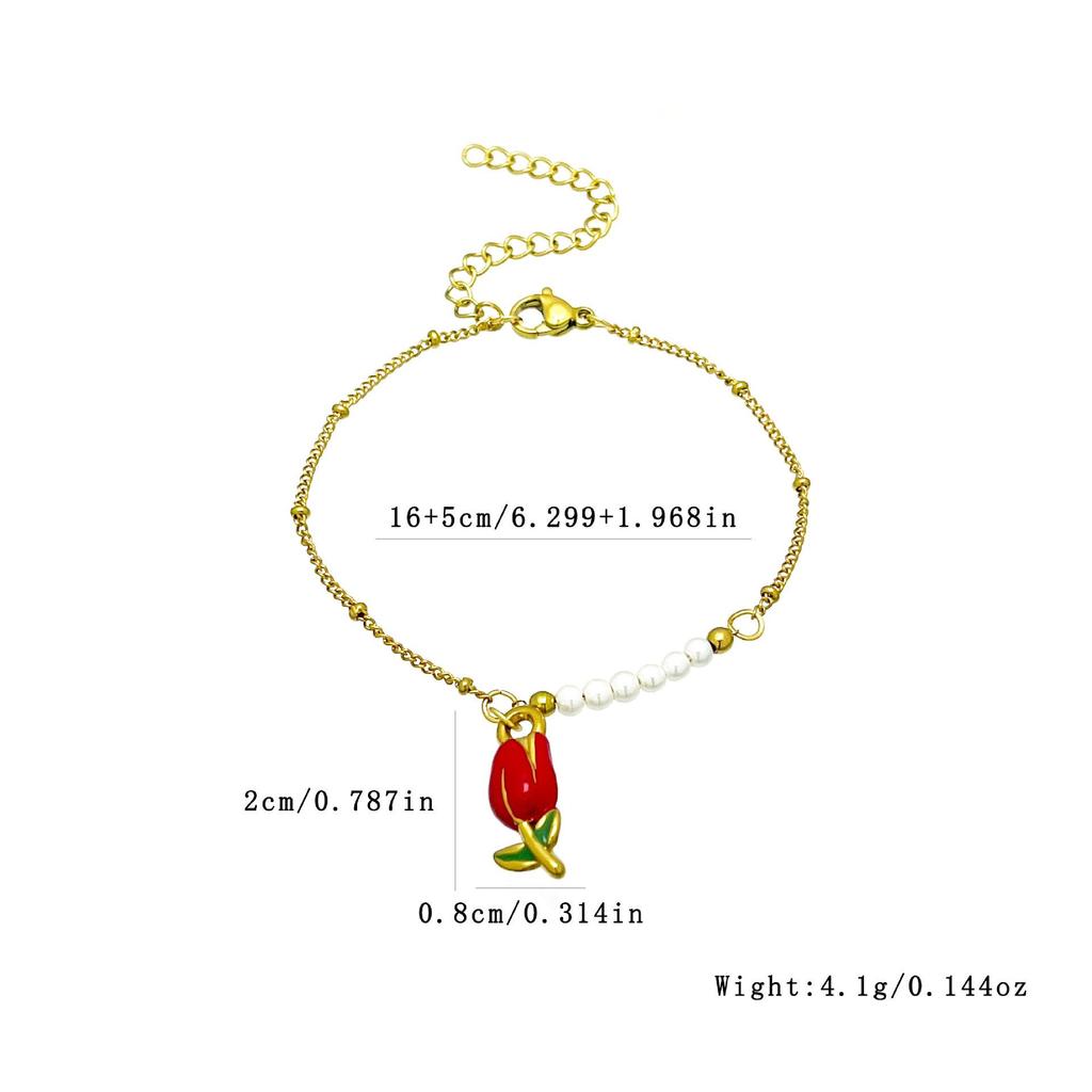 Rose Edelstahl Perlenkette mit floralem Tulpenanhänger für Damen