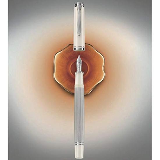 Pelikan M405 Fountain Silver 14K Fine Nib Souverän Pen, White, Gold,