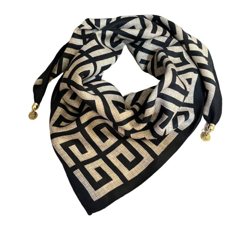Silk cotton magnetic buckle silk scarf geometric and floral combination printing fashion personality spring autumn and winter versatile single item