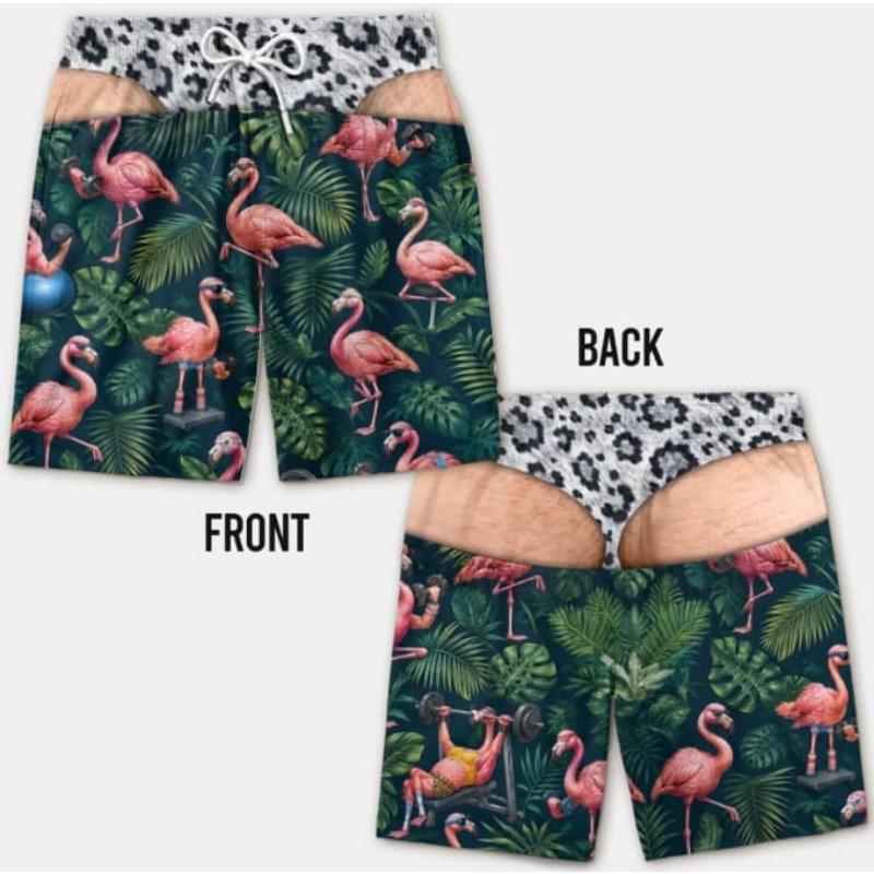 New Men's Fun Beach Shorts, 3D Simulated Leopard Print Thong Pants, Faux Two-piece Print, Beach Swim Trunks, Party Casual Shorts
