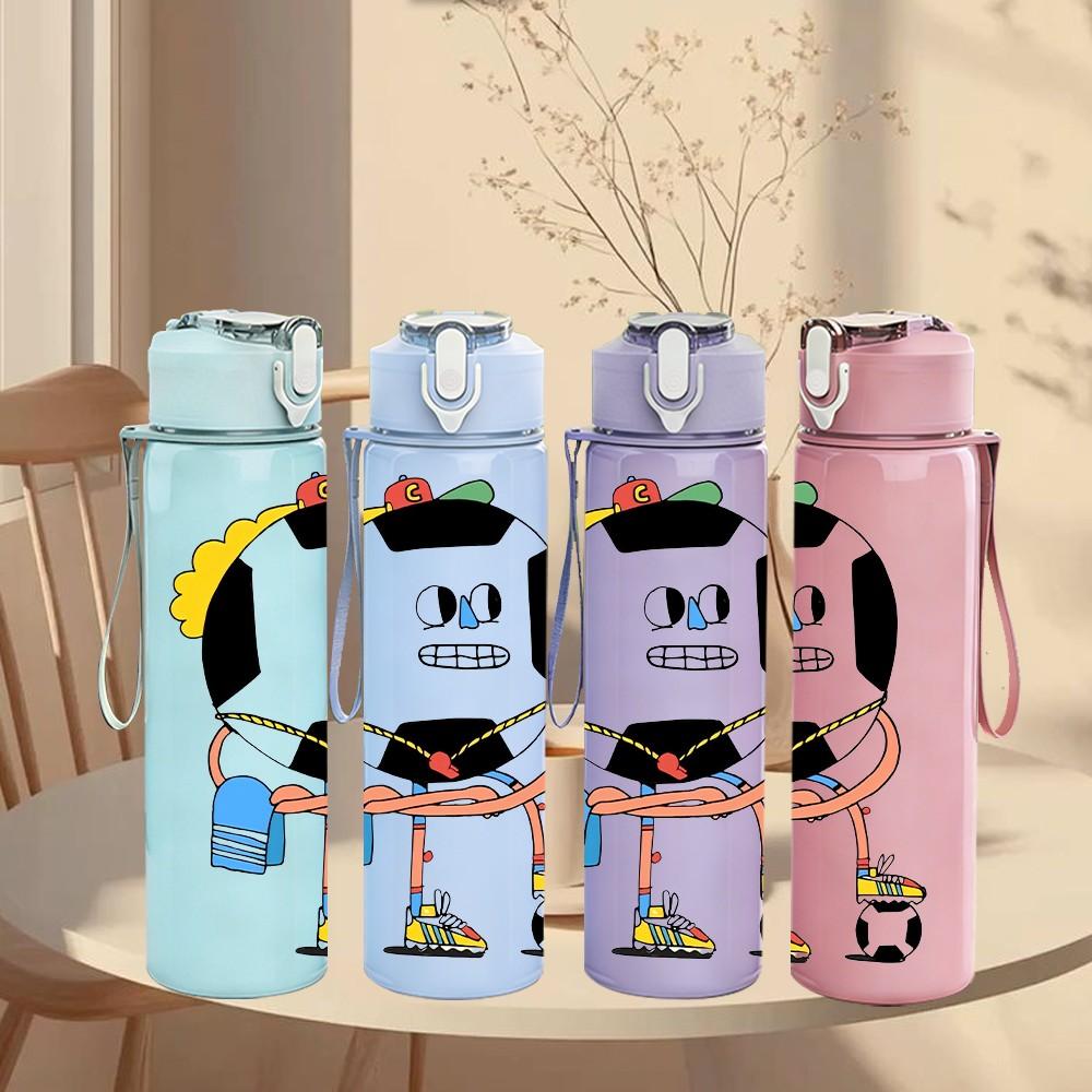 1PC Soccer Ball Man Cartoon 750ml Color Plastic Sports Water Bottle Leakproof Flip Straw Lid Suitable for Sports Office Home Use