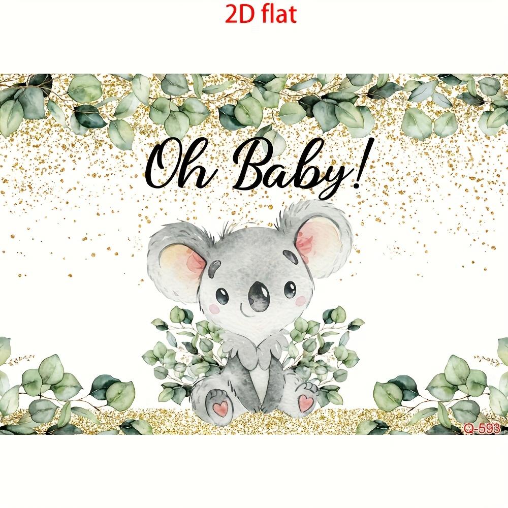2D Flat Banner, 1 Piece, Cute Koala Green Leaf Glitter Decoration Background Fabric Baby Birthday Party
