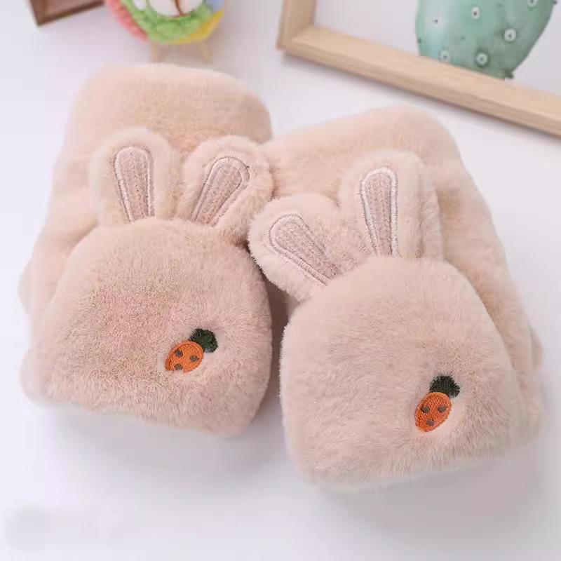 Rabbit Ears Half-finger Gloves Korean Version of Student Warm Cute Plush Flip Cartoon Plush Thickened Gloves Female
