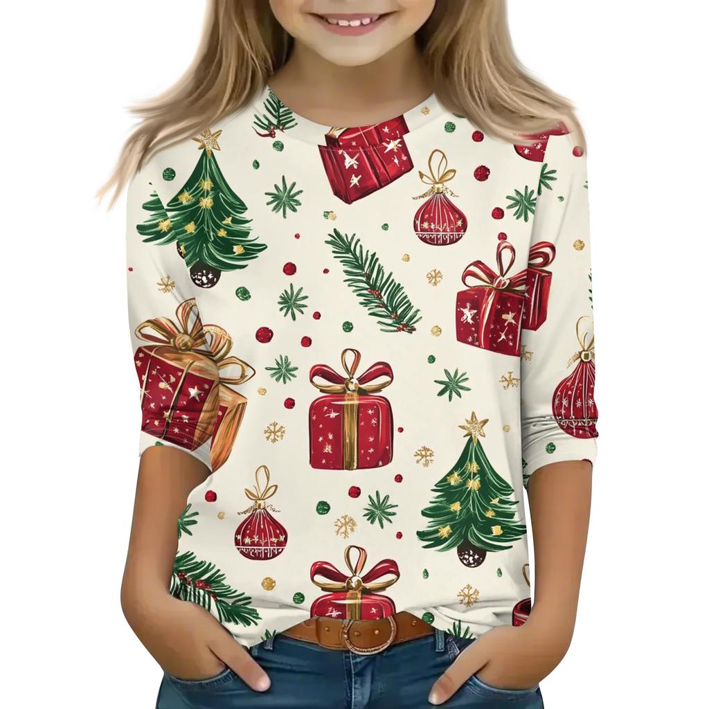 Christmas Day Print Tops For Youth Girls 5-16 Years Round Neck 3/4 Sleeves T-Shirts Trendy Tops Outfit Tees
