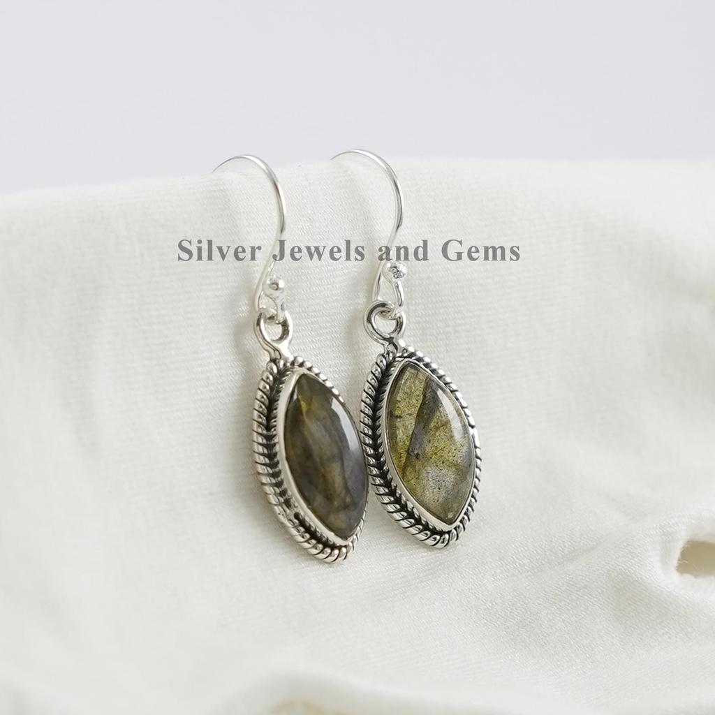 Labradorite 925 Sterling Silver Earrings: Handmade Marquise Gemstone