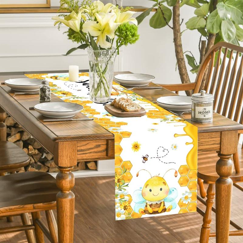 Summer Sweet Bee Daisy Polyester Table Runners Holiday Party Decorations Cute Bee Dining Table Runners Kids Bithday Table Decor
