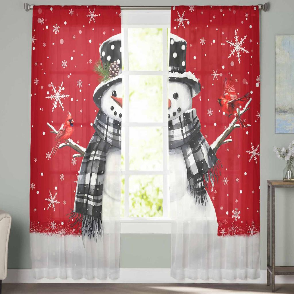 Christmas Snowman Snowflake Red Mockingbird Curtains For Living Room Bedroom Home Decoration Window Voile Tulle Curtain Drapes
