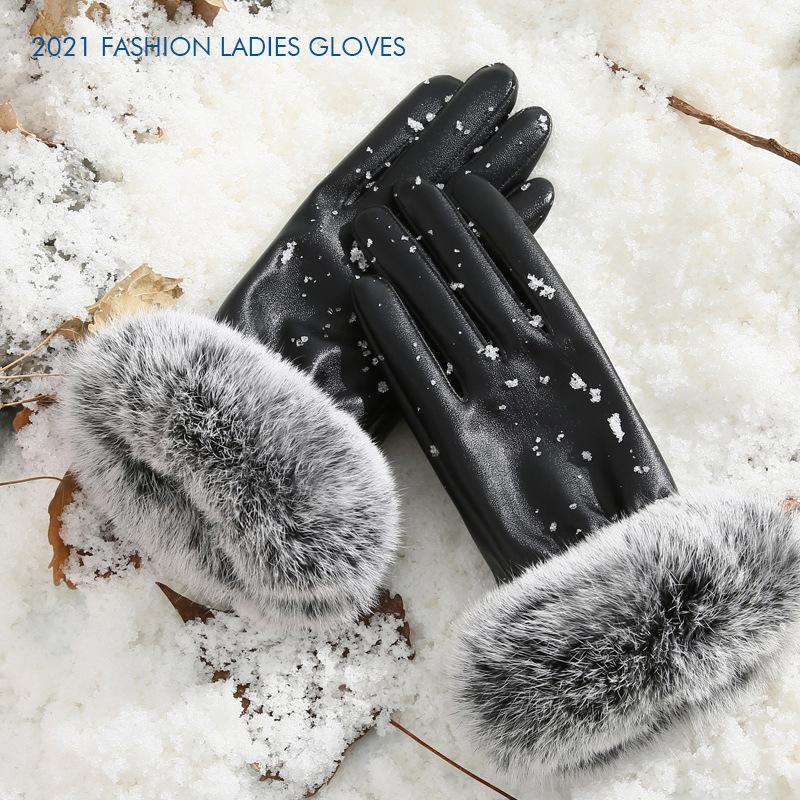 Leather Gloves for Women In Winter Touch Screen Plus Velvet Thickened Warm Real Rabbit Fur Thin Style Bike Riding Rabbit Fur Leather Gloves