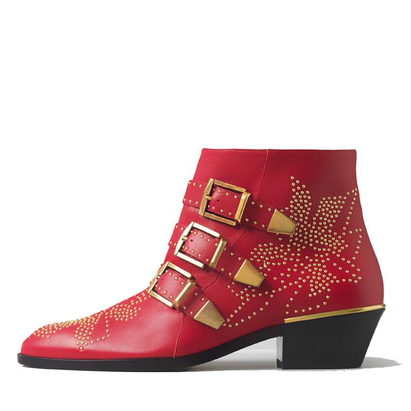 Fashion Brand Catwalk Rivet Cow Leather Short Boots Autumn Winter Retro Large35-45 Ankle Boots4cm Thick Heel Rock Night Club Women Shoes