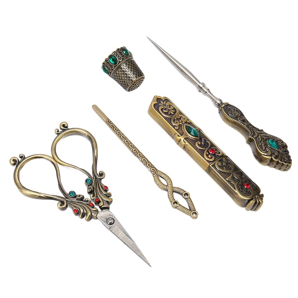 5pcs Embroidery Scissors Kit Alloy Vintage Sewing Kit with Thimble Threader Needle Case Punch