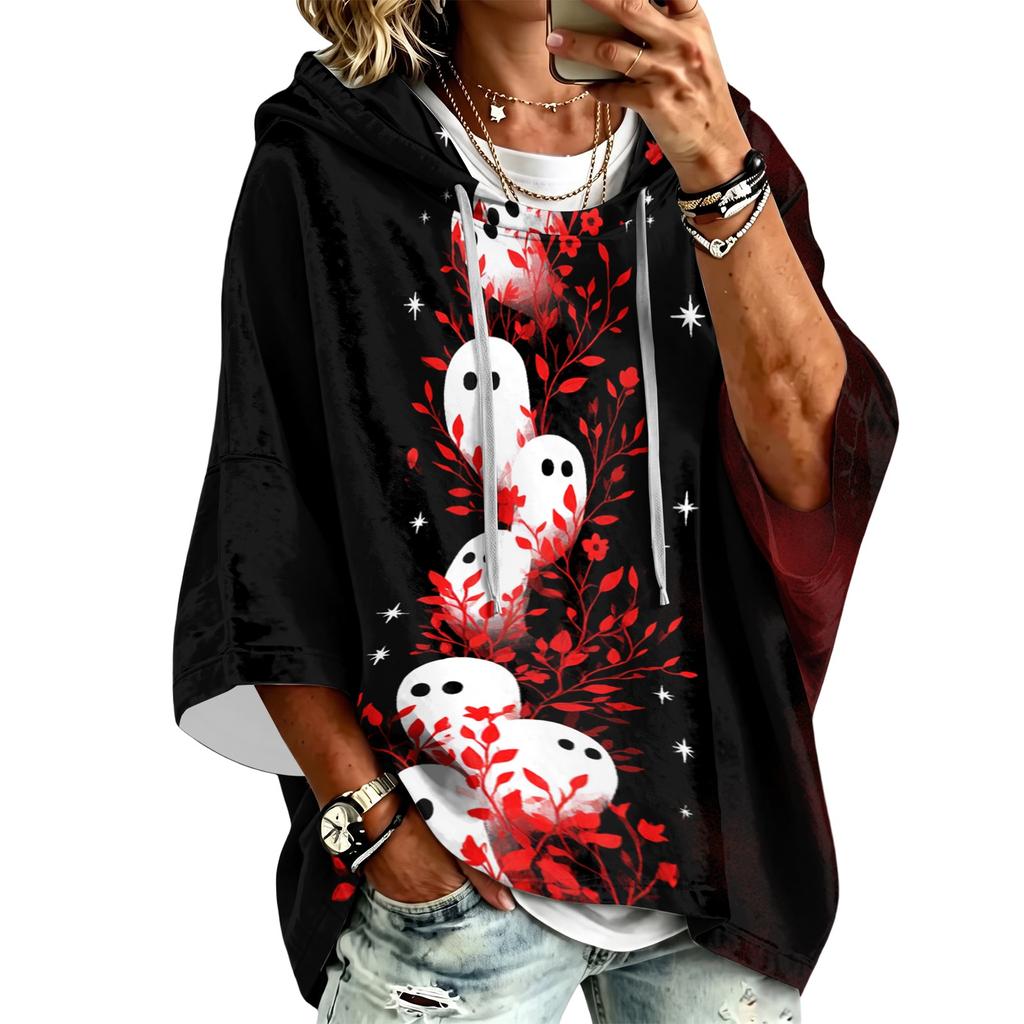 Women's Casual Halloween Print Three-Quarter Sleeve Hooded Pullover Top