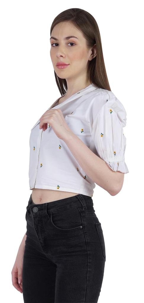Moomaya Puff Sleeve Crop Top For Women Solid Button Down Collar Designer