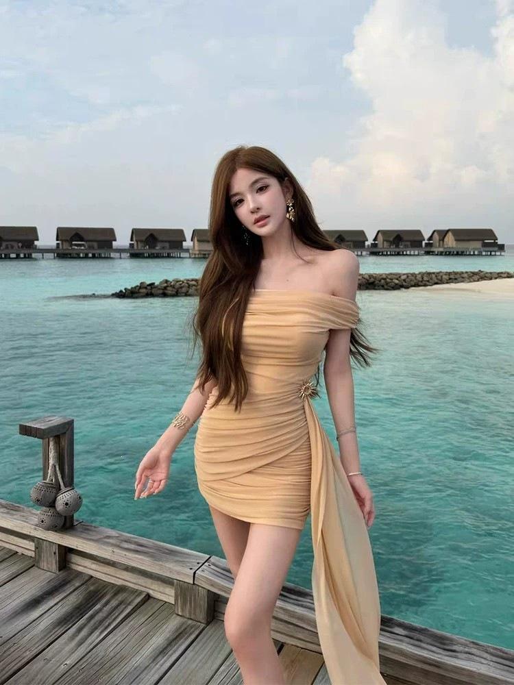 Sexy Style Solid Color Mesh Yarn One-word Shoulder Pleated Dress Women's Summer Small Streamer Waist Thin Hip Skirt