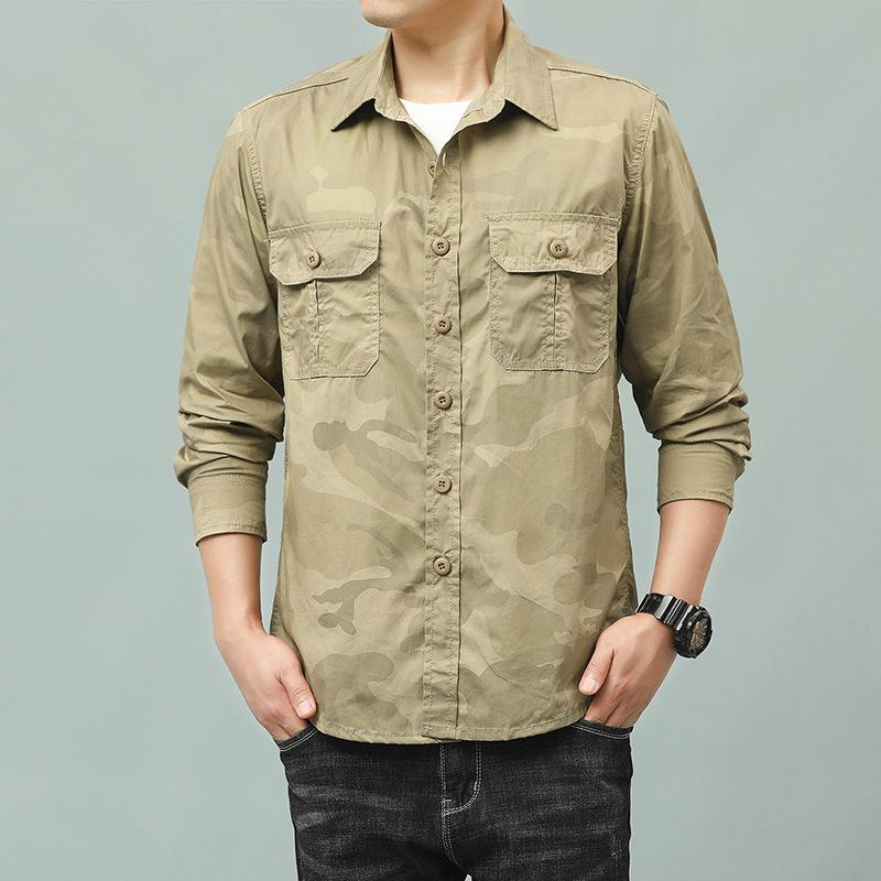 Spring and Autumn Camouflage Long Sleeved Pure Cotton Workwear Shirt for Men, Dual Pocket Versatile Casual Military Youth Outdoor Shirt
