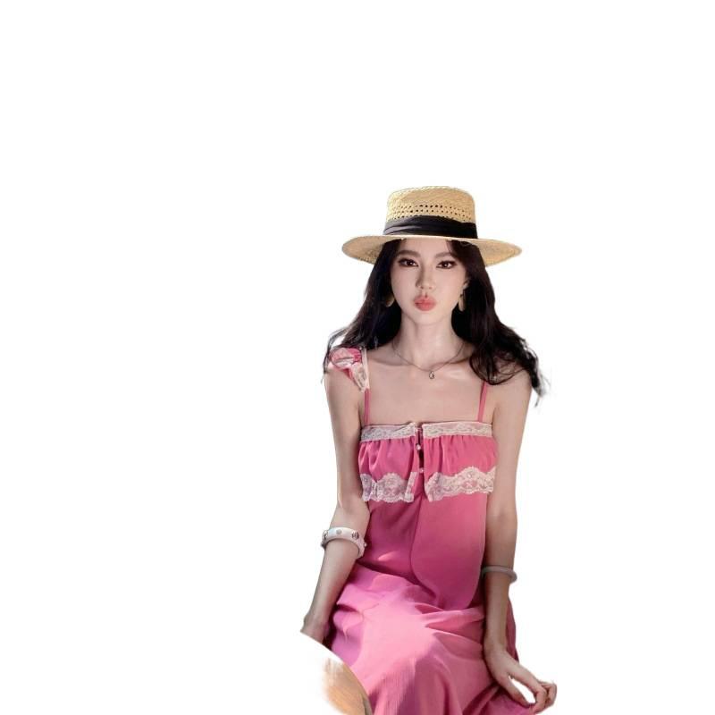 Internet Celebrities with the Same Pink Purple Chiffon Lace Suspender Dress Women's Summer Seaside Vacation Style Sexy Dress