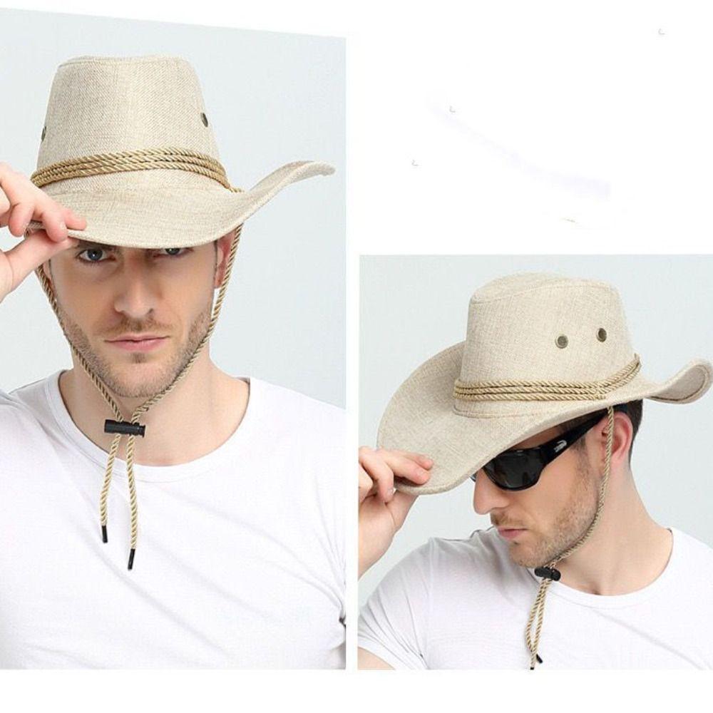 Wide Brim Summer Sun Hat Linen Beach Sunscreen Cap Vintage Western Cowboy Hat  Beach
