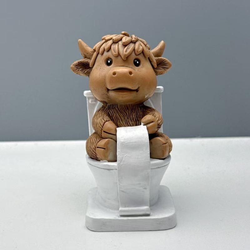 

Creative Home Desk Resin Bath Seat Toilet Paper Holder Highland Cow Statue Decoration Item Festival Ornament B