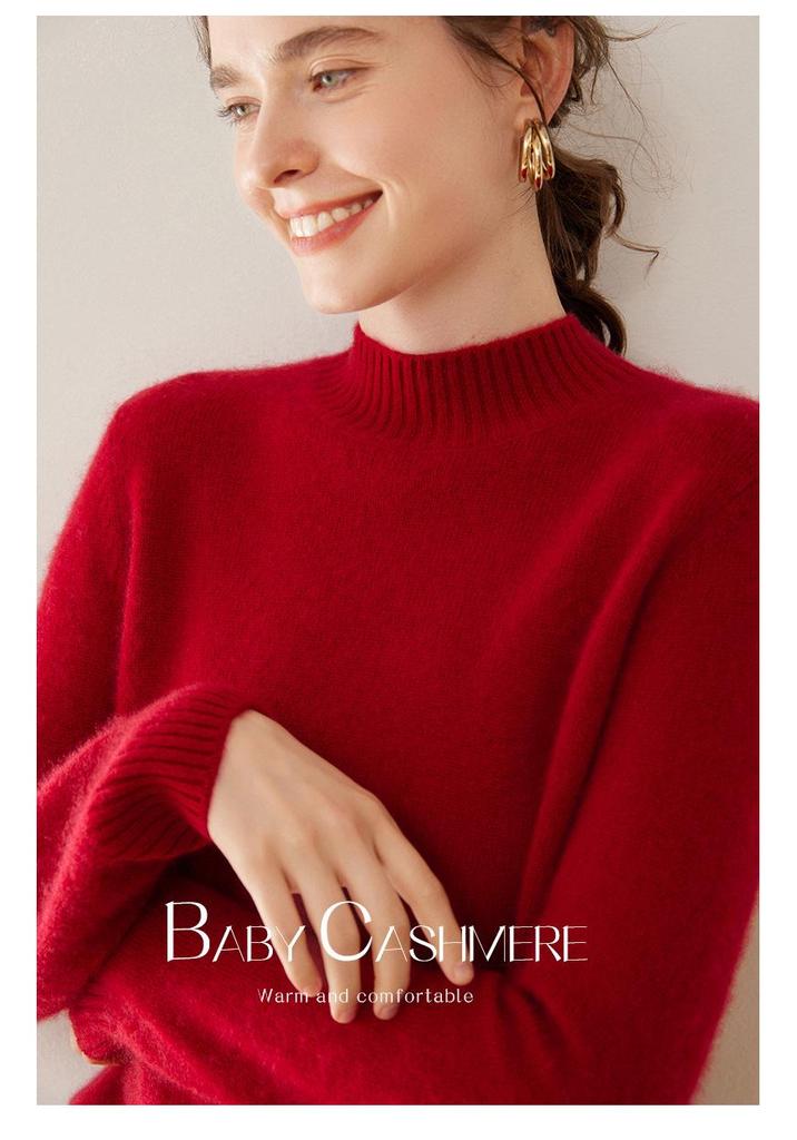 2024 Autumn/Winter Korean Style Women's Cashmere Knit Pullover with Half-High Collar