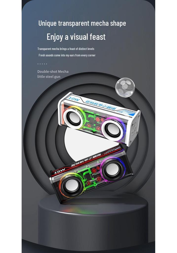 V8 Transparent Mecha Bluetooth Mini Desktop Speaker - Portable & Wireless with Card Slot for Outdoor Use.