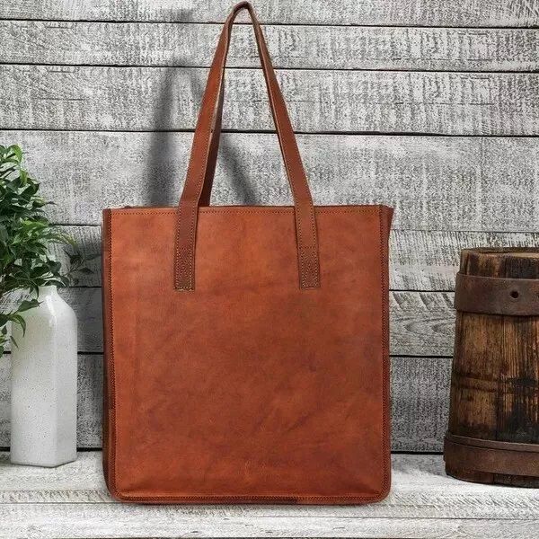 14x14 palcová veľká kožená taška cez rameno/tote na nákupy, hnedá, dámska