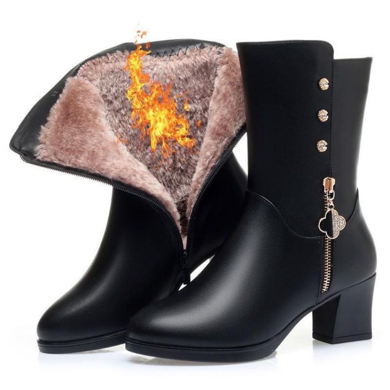 New Style Shoes: Fleece, Thickened, Comfortable and Warm Mid-calf Boots, Casual Women's Leather Boots