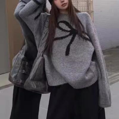Autumn and Winter New Versatile Design Bow Knitted Sweater Women's Loose Soft Waxy Round Neck Pullover
