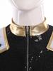 Womens Halloween Cosplay Outfit Long Sleeve Rivet Shoulder Boards Front Zip Sequined Crop Jacket Metallic Shiny Mini Skirt