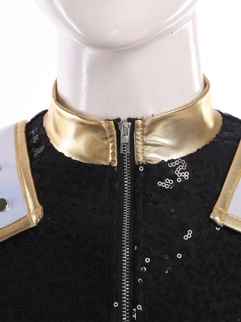 Womens Halloween Cosplay Outfit Long Sleeve Rivet Shoulder Boards Front Zip Sequined Crop Jacket Metallic Shiny Mini Skirt