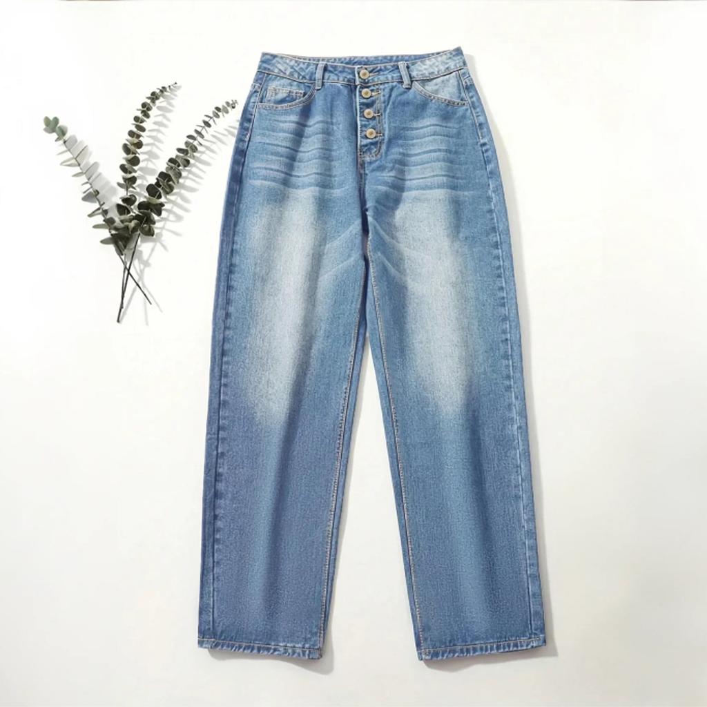 Women's High Waist Washed Women's Jeans Fashionable Versatile Straight Leg Pants