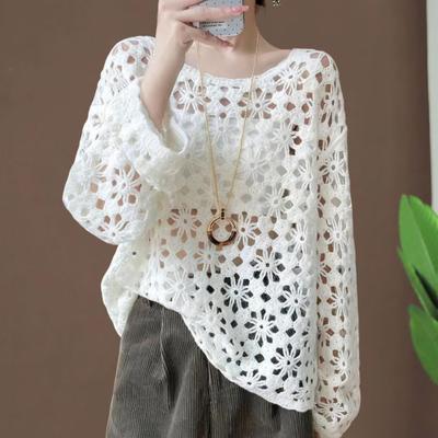 Yousheng Women Pullover Cover Up Round Neck Long Sleeve Hollow Knitting Tops Solid Color Crochet Sunscreen Tops