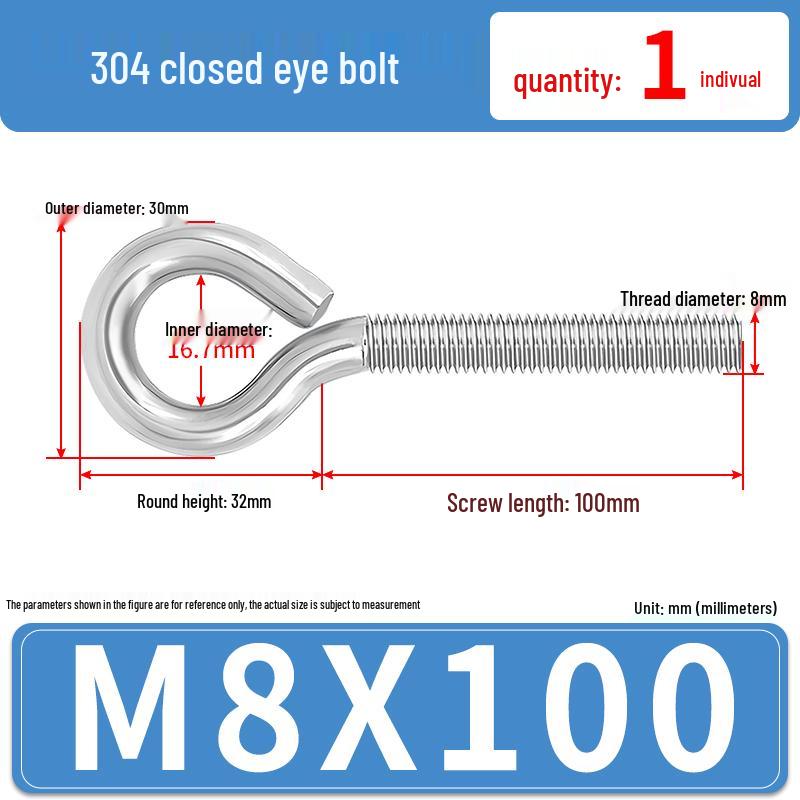 304 Stainless Steel Eyebolt with Ring Hook – Machine Thread Closed Eye Bolt (M4 M5 M6 M8)