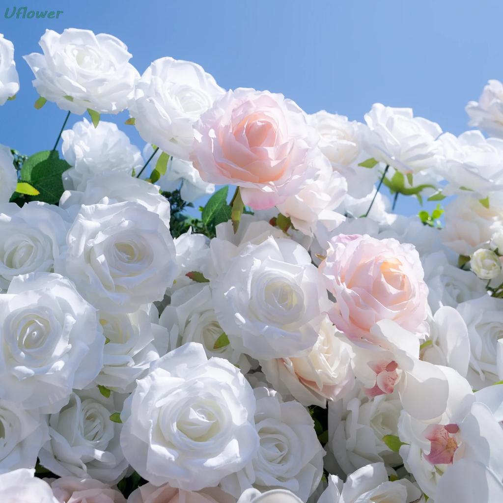 Uflower White Artificial Flower Wall Roll-Up Hanging Fabric Floral Backdrop for Wedding Event Party Decorations Curtain