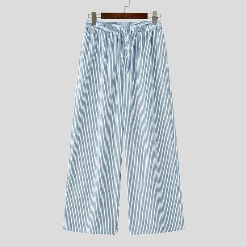 

INCERUN Мужские повседневные брюки в полоску с эластичной талией на кулиске, длинные, с широкими штанинами и карманами XL синий