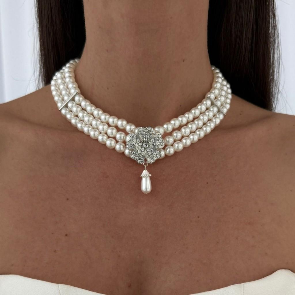 Pärlhalsband med glittrande blomhänge Flerlagers Retro Statement för Kvinnor