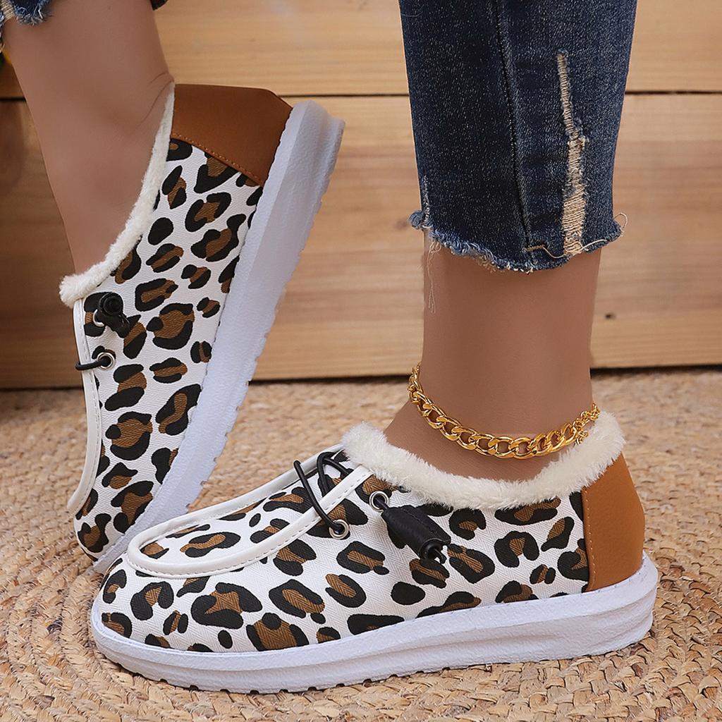 Lightweight flat leopard print fleece cotton shoes women's plus size women's shoes new fashion round toe lace-up cotton boots