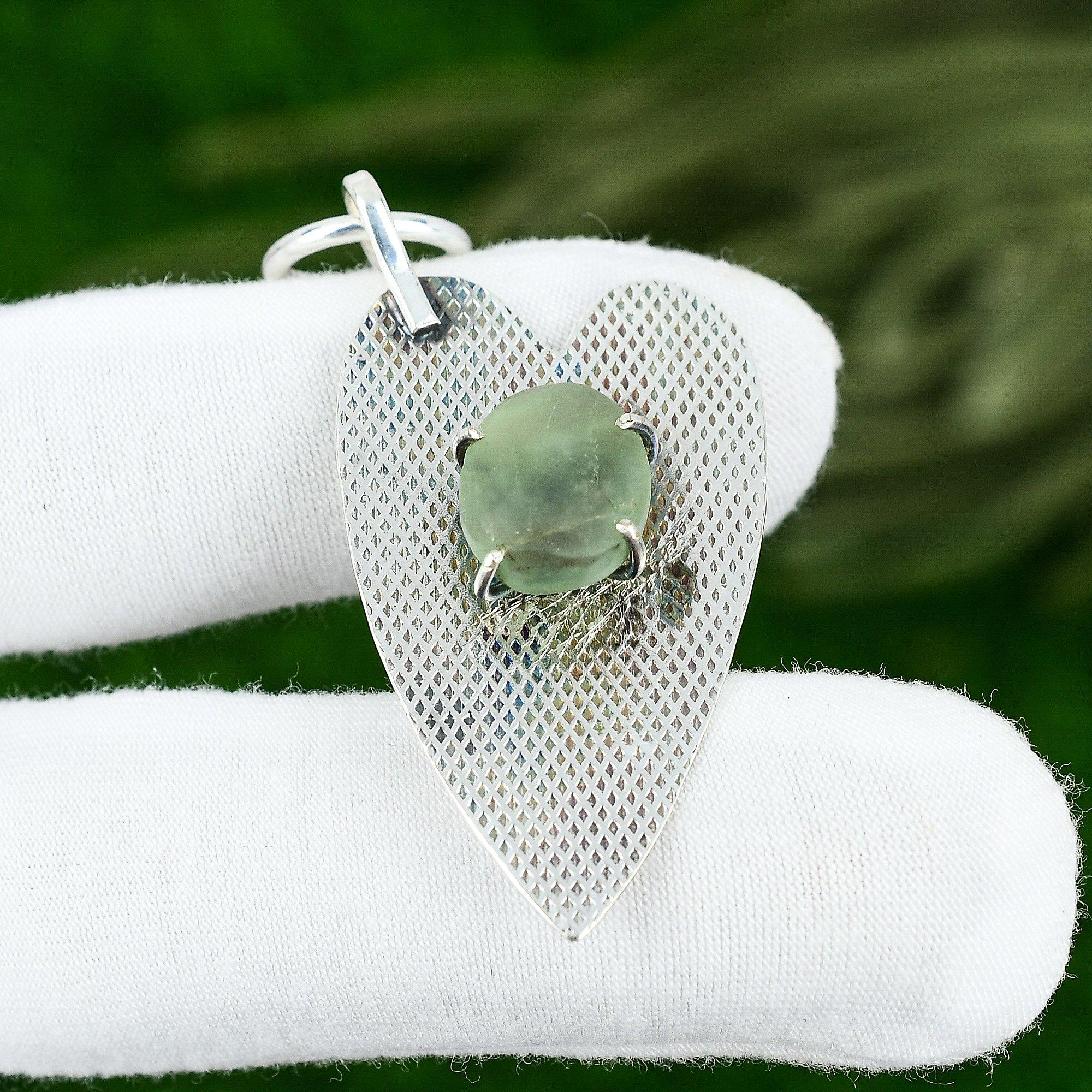 

Sisters Day Deal Sterling Silver Oval Prehnite Rough Gemstone Engagement Pendant