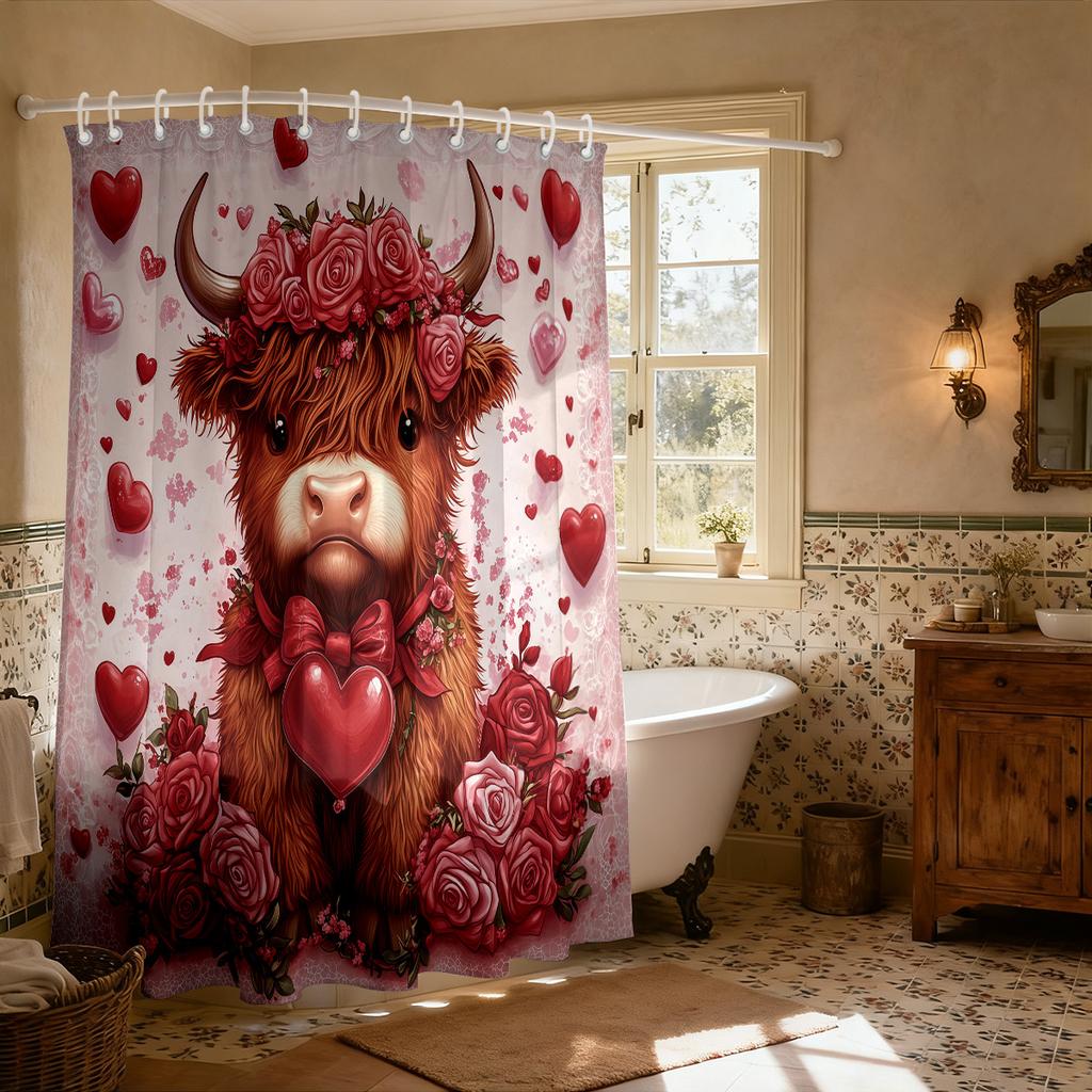 Valentine Day Red Highland Cow Print Waterproof Shower Hanging Curtain Hooks Multiple Sizes Curtains Single Panel Made Of Polyester