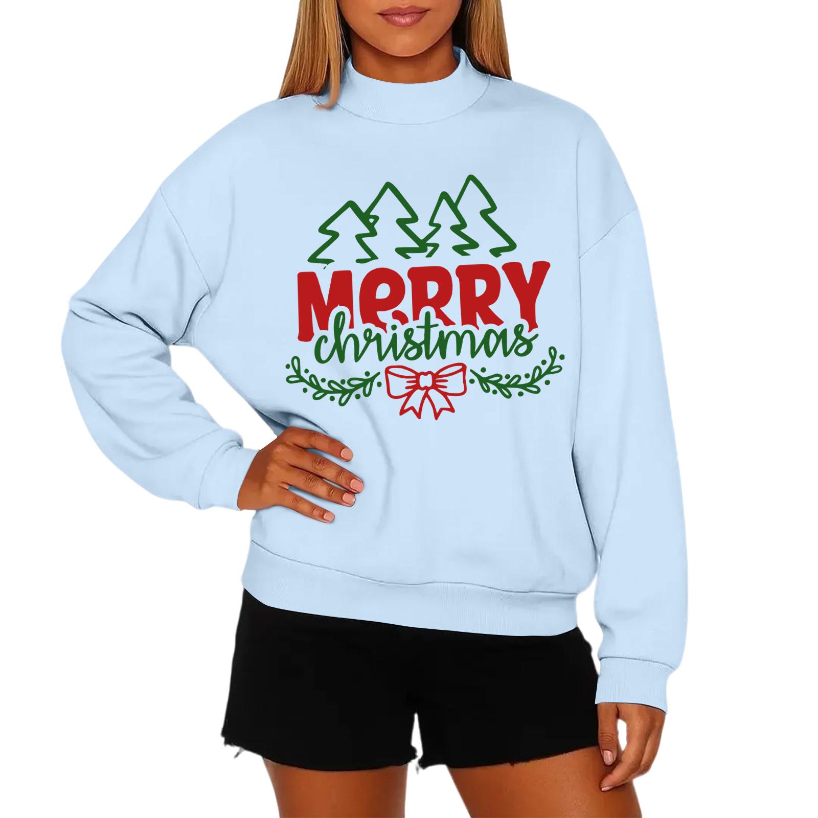 

Женская модная повседневная толстовка с круглым вырезом и длинными рукавами с рождественским принтом XL небесно-голубой