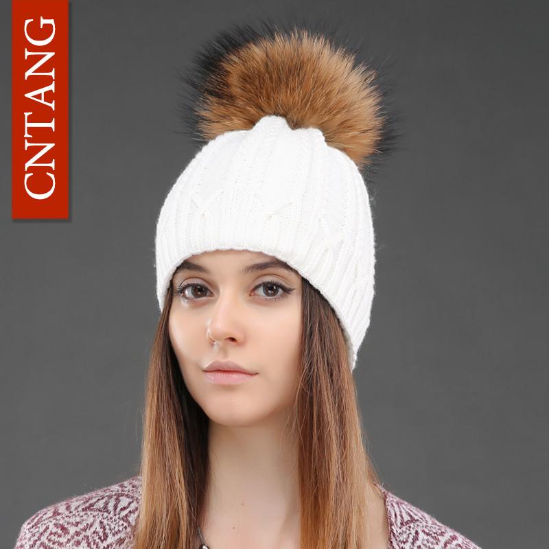 Women Double Deck Knitted Wool Hat Winter Natural Raccoon Fur Warm Caps Female Pom Pom Hats Ladies Fashion Skullies Beanies Cap