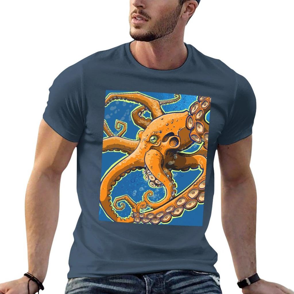 Tangerine Octopus On Blue Background TShirt Cotton T Shirts High Quality Cotton T Shirt Pack Funny T Shirts Unisex TShirt