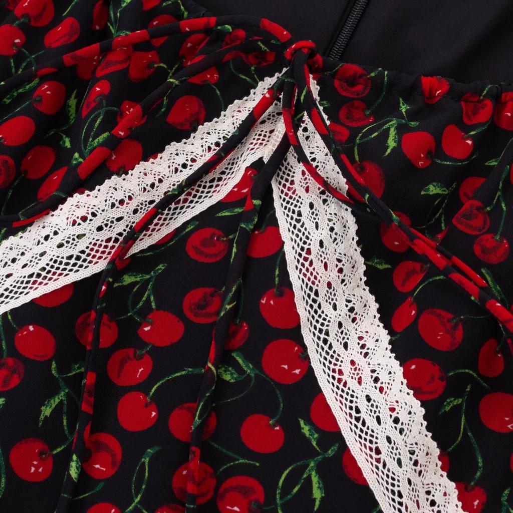 French Retro Temperament Waist and Thin Floral Square Neck Bubble Sleeve Medium and Long Dress Summer Seaside Vacation Dress