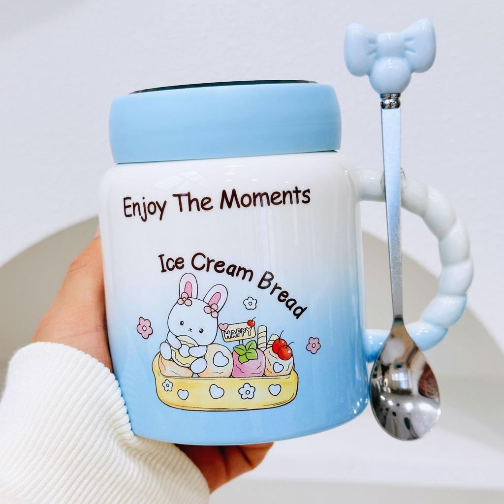 Little Rabbit Cartoon Ceramic Cup with Lid for Girls with High Temperature Mug Cute Creative Water Cup Office Gift Cup