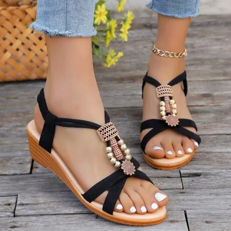 String Bead Casual Modern Sandals Summer Elastic Band 2025 High Quality Women's Shoes Hot Sale Peep Toe Wedge Women's Sandals
