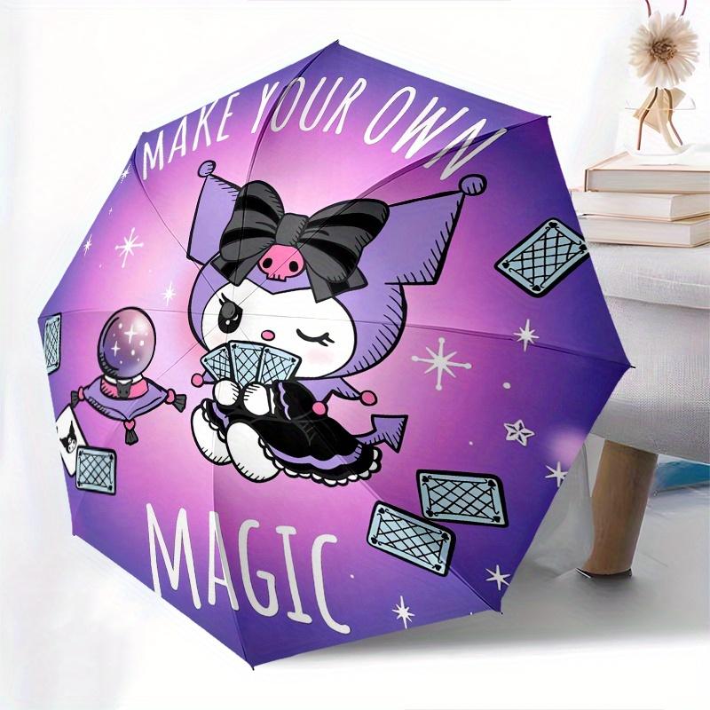 Kuromi Automatic Folding Umbrella-Simple 8-Rib Design, Bright Cartoon Pattern, Durable Iron Frame, Suitable For Travel, Outdoor, Beach-Cute