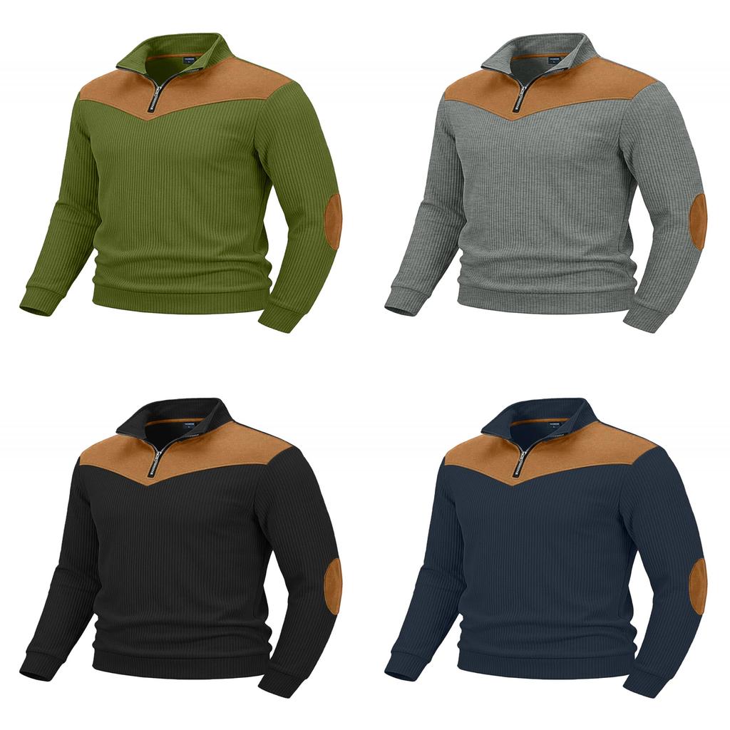 Felpa Uomo Vintage Stile Europeo con Mezza Zip e Collo Alto in Tessuto Poliestere per Uso Casual
